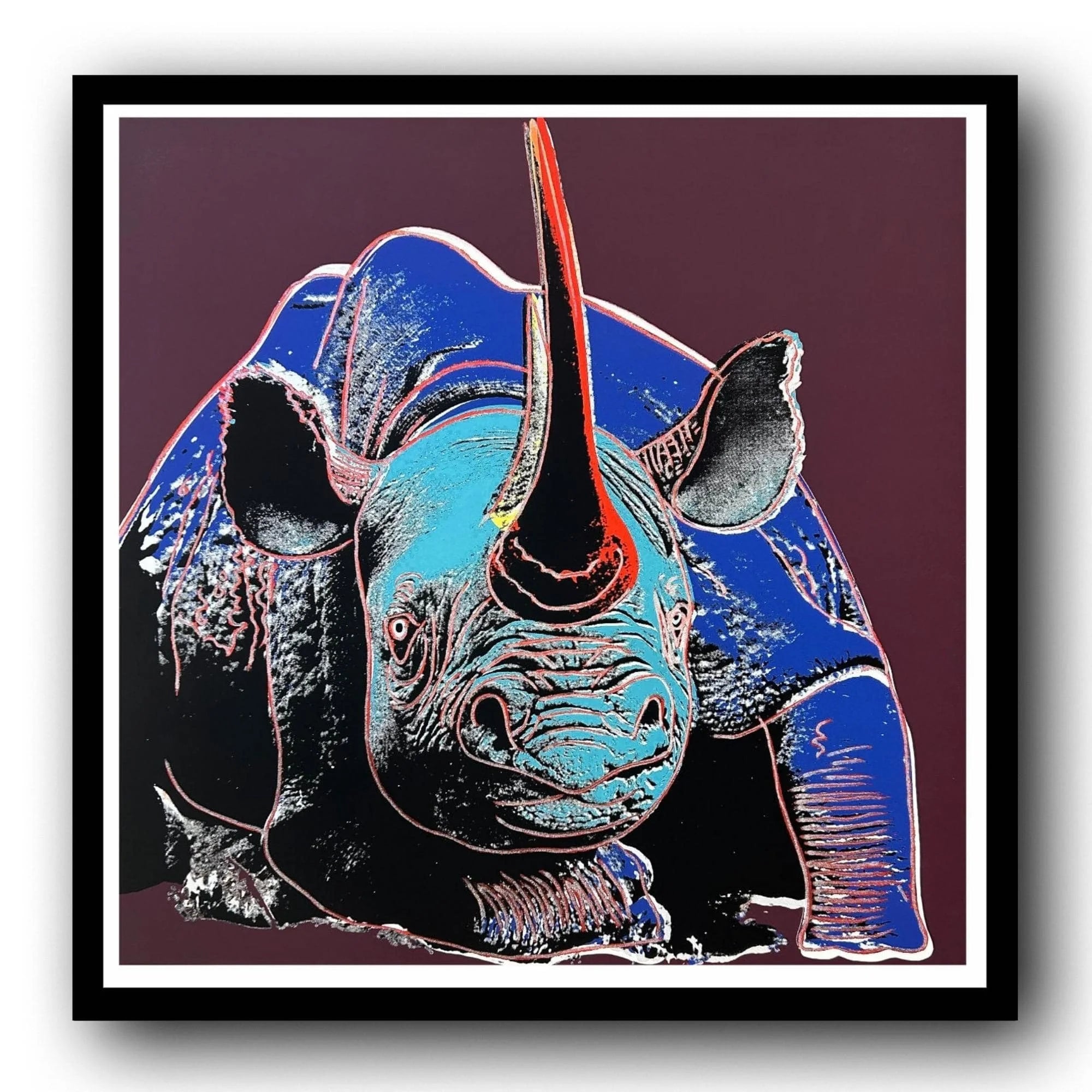 Colorful rhinoceros artwork on a dark background
